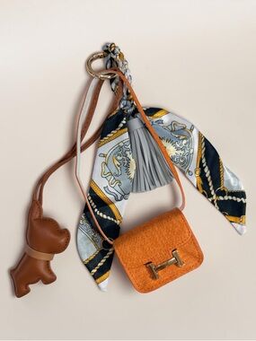 Mini Orange Handbag Charm Keychain with Twilly Scarf, Tassel & Puppy Charm - NEW